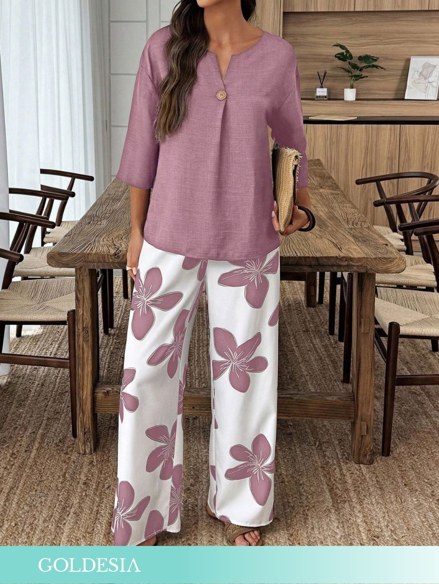 CONJUNTO CON BOTON Y ESTAMPADO FLORAL Conjunto 06 Goldesia Rosa S