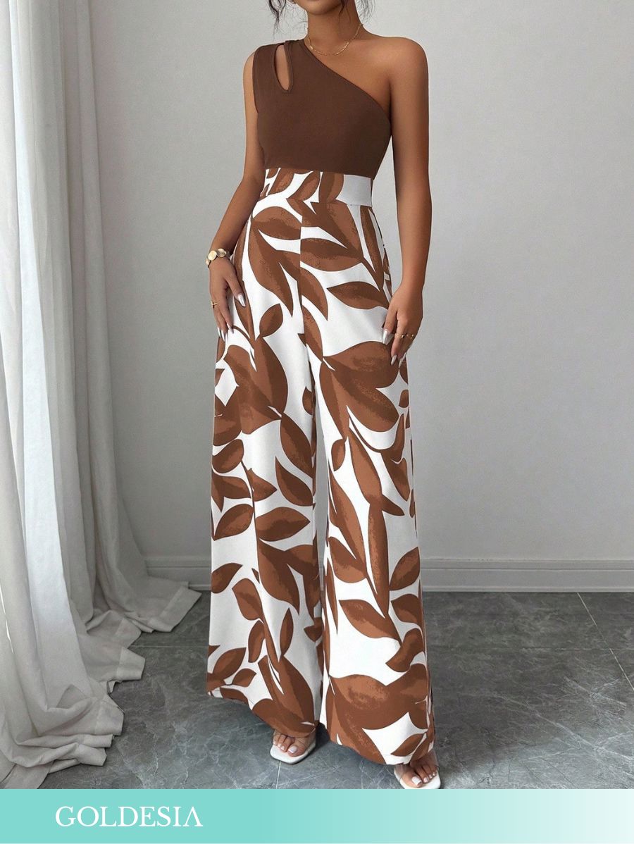 ENTERITO DE UN HOMBRO CON ESTAMPADO DE HOJAS Enterito 04 Goldesia Marrón S