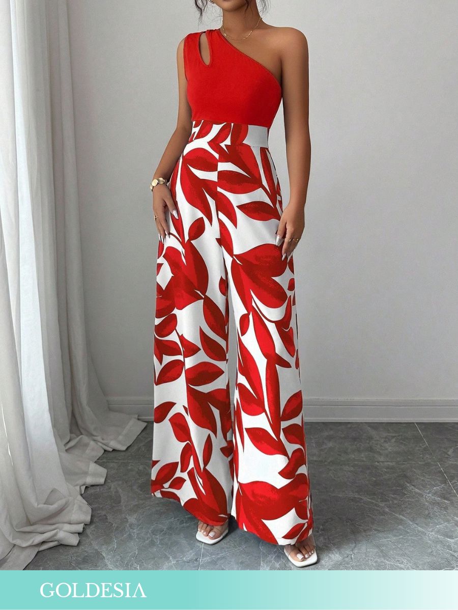 ENTERITO DE UN HOMBRO CON ESTAMPADO DE HOJAS Enterito 04 Goldesia Rojo S