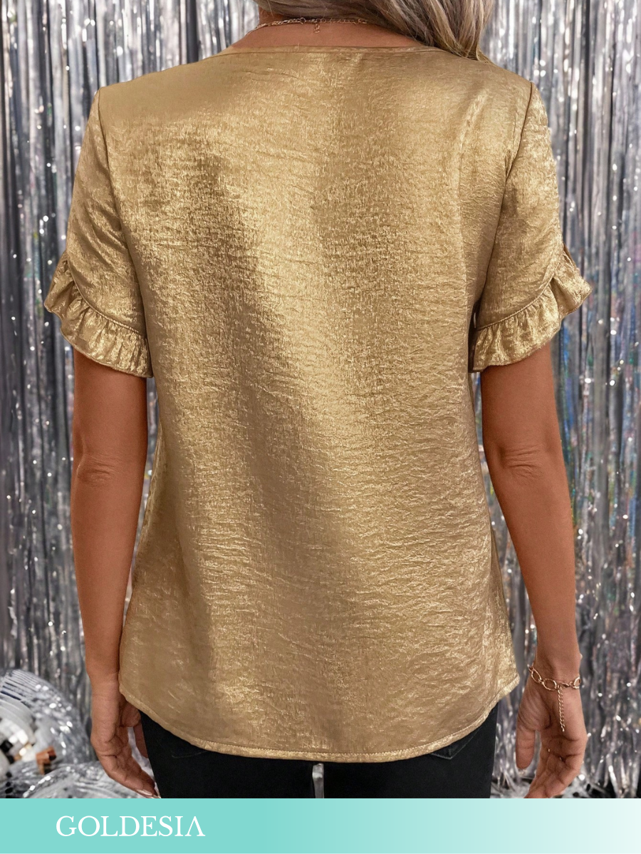 BLUSA DORADA DE MANGA CORTA CON VOLANTES