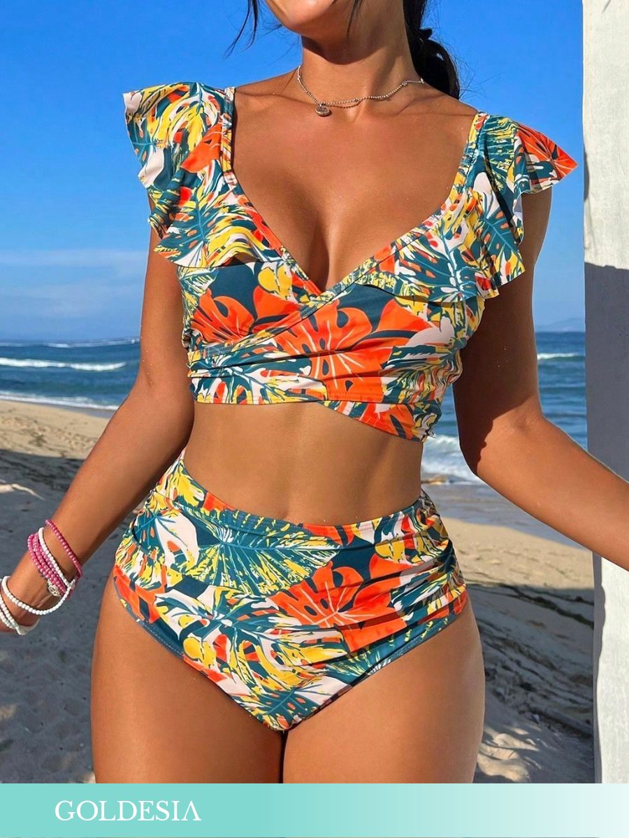 BIKINI CON VOLANTES Y ESTAMPADO TROPICAL Bikini 43 Goldesia Anaranjado S 