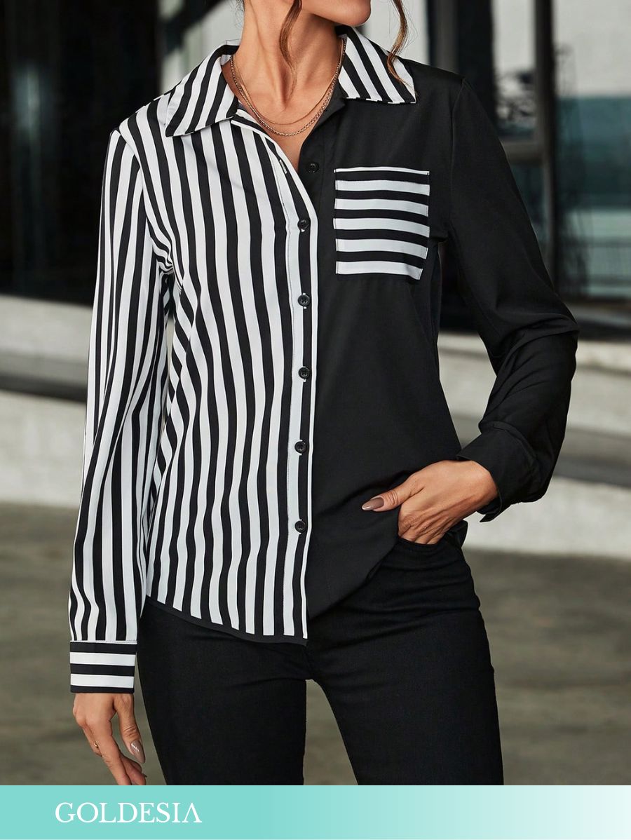 CAMISA MANGA LARGA CON DETALLES A RAYAS Camisa 01 Goldesia S 