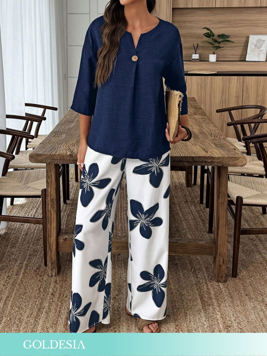 CONJUNTO CON BOTON Y ESTAMPADO FLORAL Conjunto 06 Goldesia Azul S 