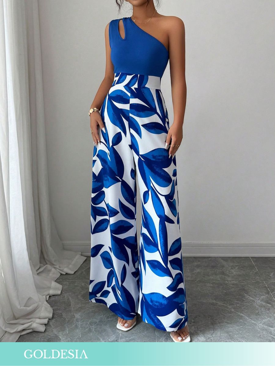 ENTERITO DE UN HOMBRO CON ESTAMPADO DE HOJAS Enterito 04 Goldesia Azul S 