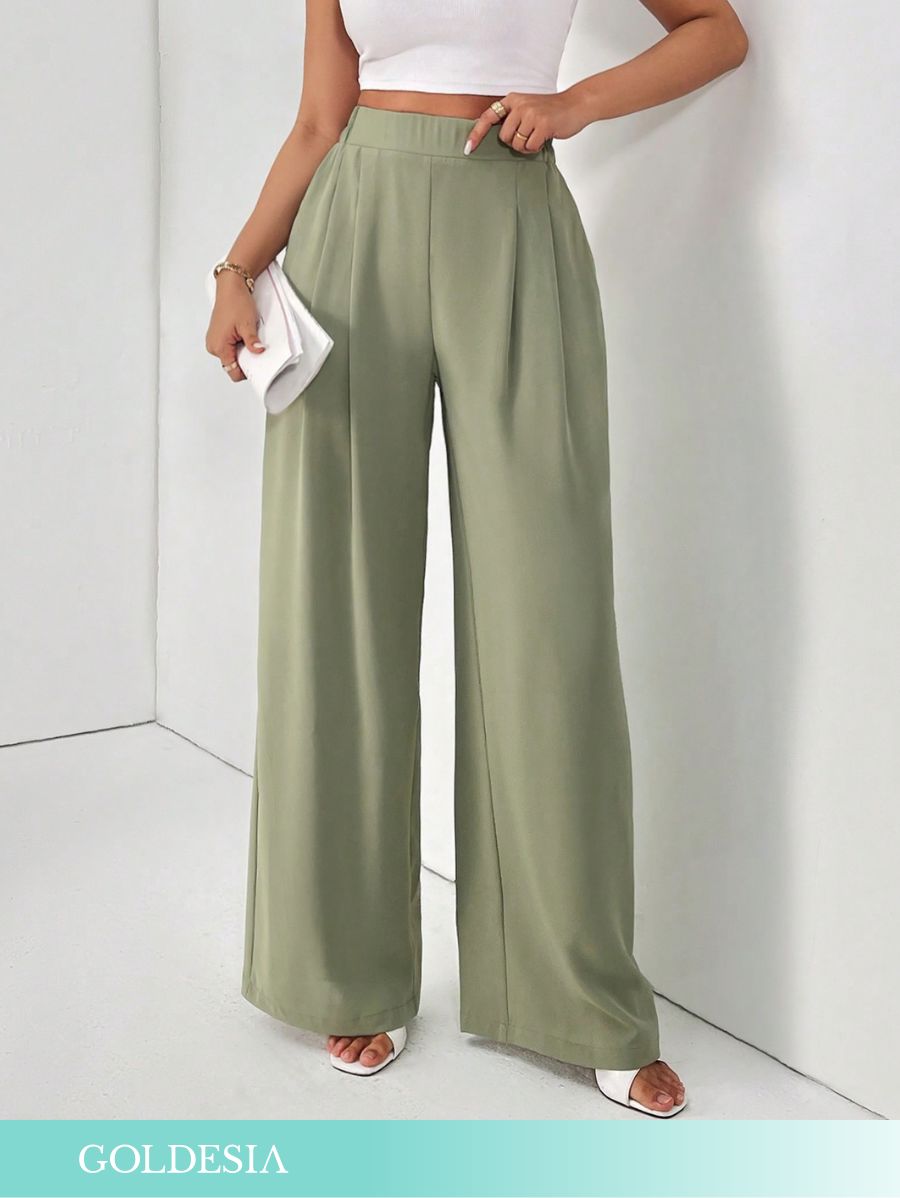 PANTALÓN UNICOLOR CON PLIEGUES Pantalón 01 Goldesia Verde XS 